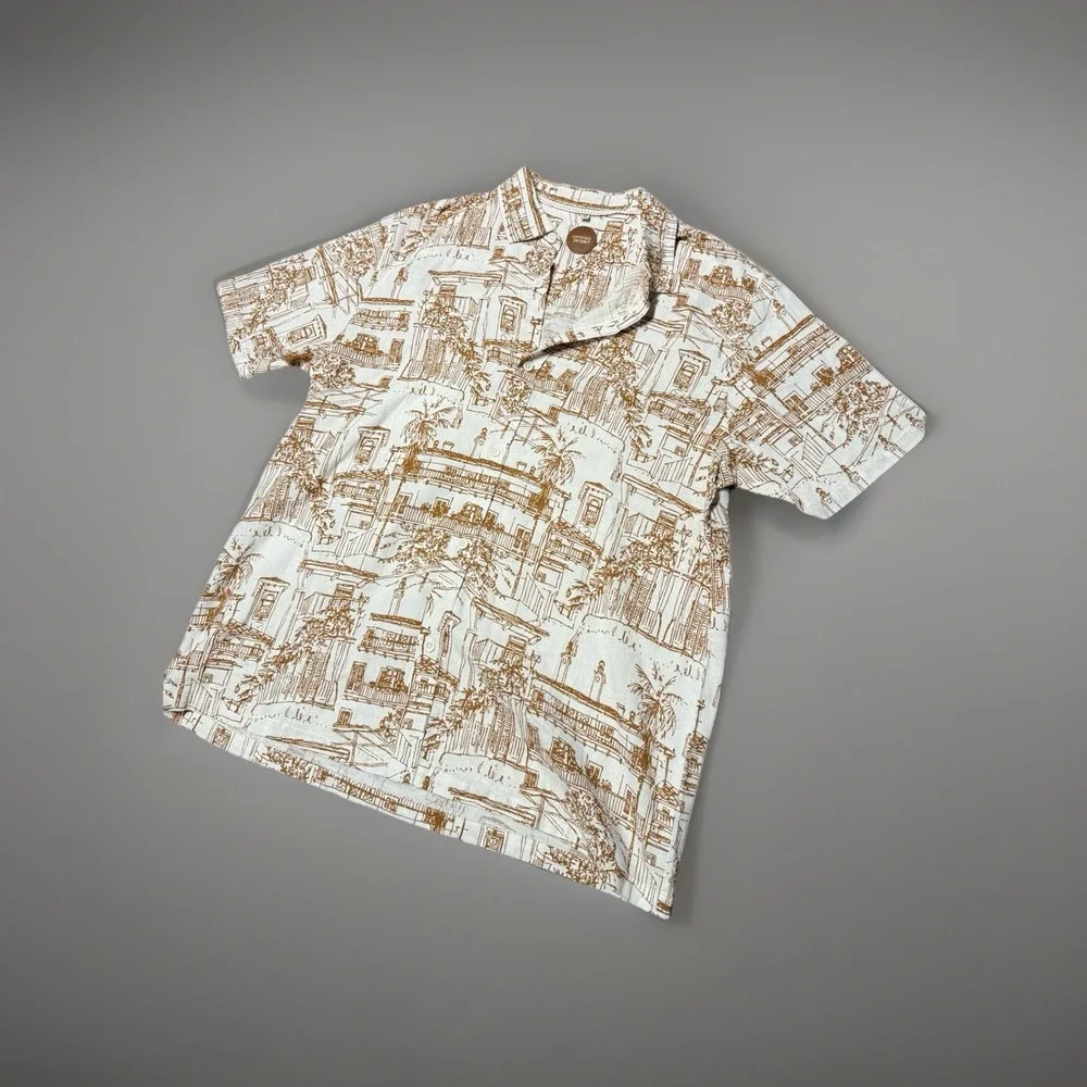 Common People Plate Tan Beige Hawaiian Scene Short Sleeve Shirt Size XLarge NWOT